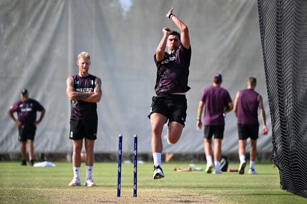 PERTH, AUSTRALIA - NOVEMBER 19: Josh Tongue of England bowls during an England nets session at Perth Stadium on November 19, 2025 in Perth, Australia. (Photo by Gareth Copley/Getty Images)