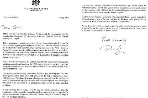 Handout image issued by 10 Downing Street of a letter written by Prime Minister Theresa May to Gavin Williamson.