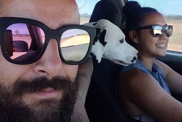 José, 29, and Nicky, 32, were driving home to Cairns from Adelaide with their puppy Loki when they got bogged on an outback road.