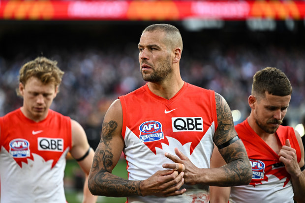Lance Franklin of the Swans looks dejected after losing the grand final.