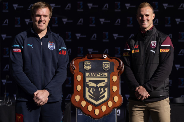 NSW Blues captain Jake Trbojevic (L) and Queensland Maroons captain captain Daly Cherry-Evans pose for a photograph during a State of Origin media opportunity at Federation Square on June 25, 2024 in Melbourne, Australia. (Photo by Daniel Pockett/Getty Images)