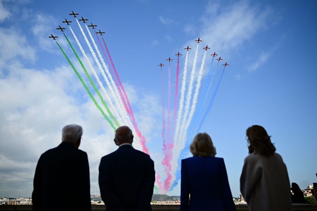 (L-R) Italian President Sergio Mattarella, King Charles III, Queen Camilla, President's daughter, Laura Mattarella