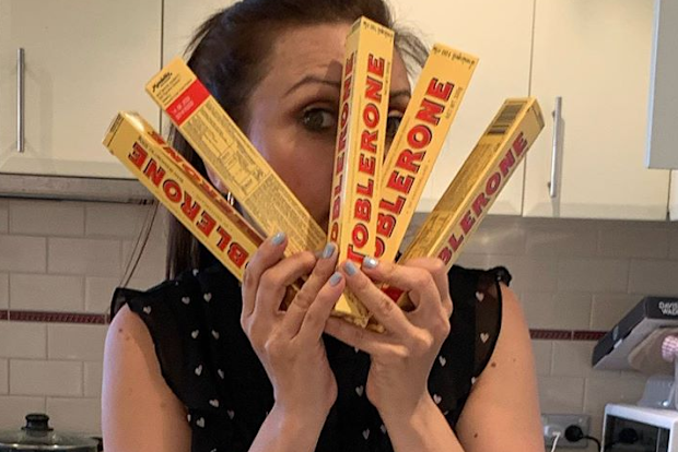 Jo Abi holding Toblerones