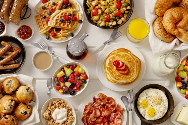 Overhead shot of a breakfast buffet.