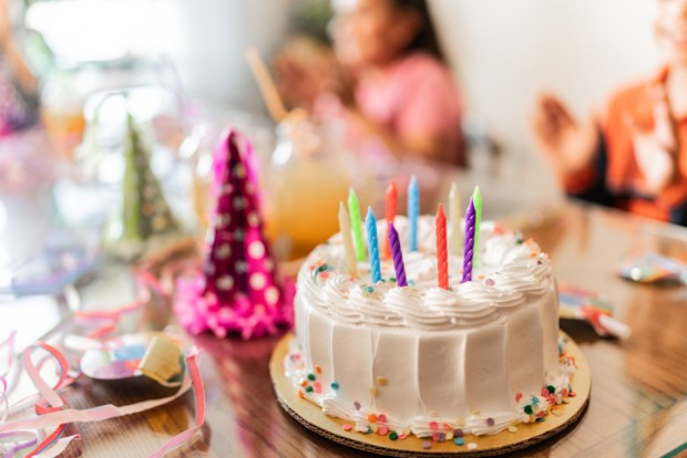 Close-up of a birthday cake on the table at home