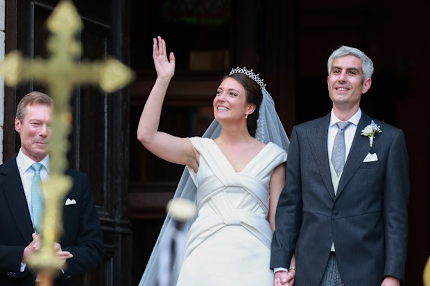 BORMES-LES-MIMOSAS, FRANCE - APRIL 29: Her Royal Highness Alexandra of Luxembourg & Nicolas Bagory leave their religious wedding on April 29, 2023 in Bormes-les-Mimosas, France. (Photo by Arnold Jerocki/Getty Images)
