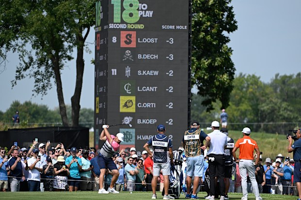Team Captain Bryson DeChambeau of Crushers GC plays his shot from the 18th tee during Day Two of the LIV Golf Invitational - Chicago at Rich Harvest Farms on September 17, 2022 in Sugar Grove, Illinois. (Photo by Charles Laberge/LIV Golf via Getty Images )