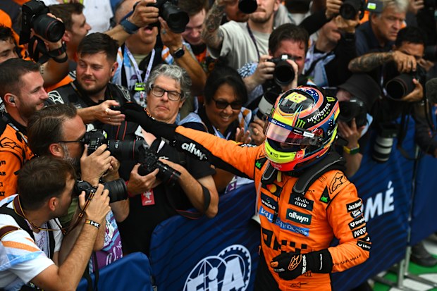 Race winner Oscar Piastri of Australia and McLaren celebrates the F1 Grand Prix of Miami.