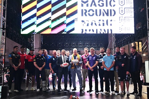 Players pose at the NRL Magic Round launch for 2026.