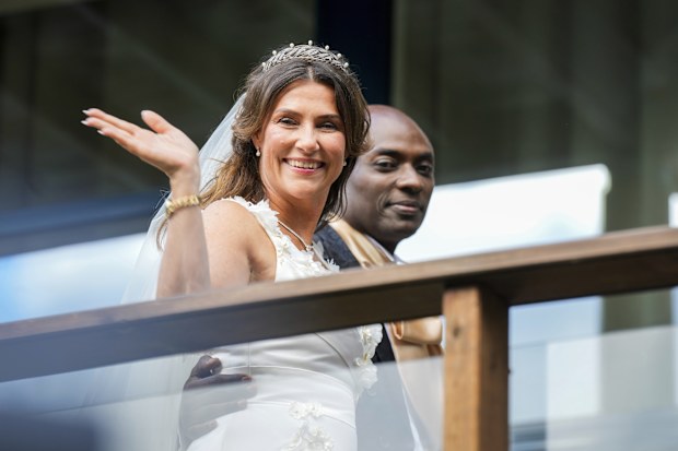 Norway's Princess Martha Louise and Durek Verrett arrive for their wedding party, in Geiranger, Norway, Saturday Aug. 31, 2024. (Heiko Junge/NTB via AP)