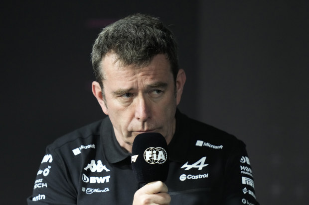 Alpine F1 team principal Bruno Famin speaks during a news conference.
