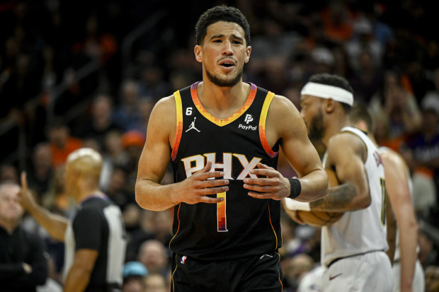 PHOENIX, AZ - MAY 11: Devin Booker (1) of the Phoenix Suns reacts to a call during the first quarter against the Denver Nuggets at Footprint Center in Phoenix on Thursday, May 11, 2023. (Photo by AAron Ontiveroz/The Denver Post)