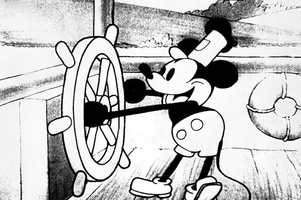 Still from Steamboat Willie - the first animated film with sound to feature Mickey Mouse.