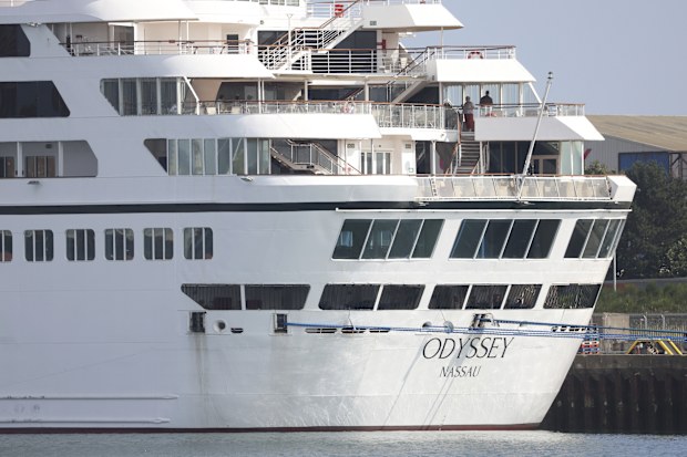 The Odyssey, a US cruise liner operated by Villa Vie Residences docked at Harland & Wolf ship repair facility in Belfast Harbour, Northern Ireland, Friday, Aug. 30, 2024. (AP Photo/Peter Morrison)