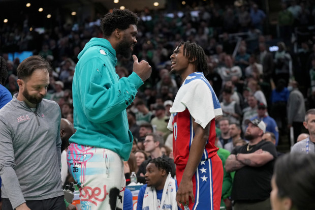 BOSTON, MA - MAY 1: Joel Embiid #21 of the Philadelphia 76ers talks with Tyrese Maxey #0 of the Philadelphia 76ers during the game against the Boston Celtics during Round 2 Game 1 of the 2023 NBA Playoffs on May 1, 2023 at the TD Garden in Boston, Massachusetts. NOTE TO USER: User expressly acknowledges and agrees that, by downloading and or using this photograph, User is consenting to the terms and conditions of the Getty Images License Agreement. Mandatory Copyright Notice: Copyright 2023 NBAE