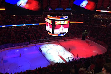 Ice hockey team the Washington Capitals lit up the ice before a match.