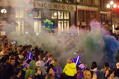 Flares were set off as the city celebrated its first Super Bowl title.