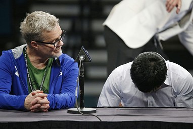 Pacquiao had his head bowed as he answered some questions.