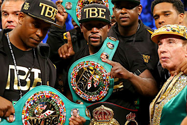 Still the king. Mayweather celebrates after the fight.