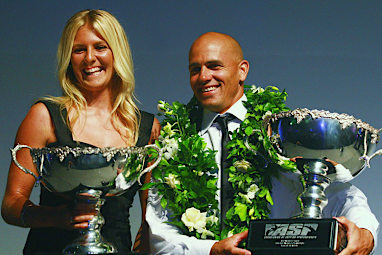 The Tweed heads surfer celebrated with men's champ Kelly Slater.