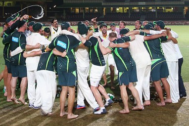 His beer shower came as the Aussie team enjoyed a moment on the SCG pitch.