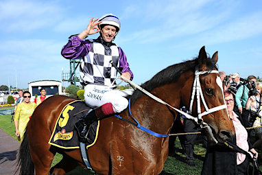 James McDonald is all smiles after his Caulfield Guineas victory on Shooting to Win.