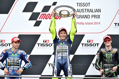 Rossi is flanked by Jorge Lorenzo (L) and Bradley Smith (R). (AAP)