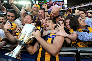 Hawks skipper Hodge is mobbed by jubilant fans.