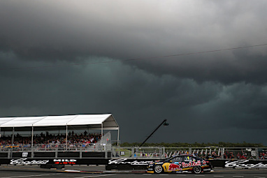 <b>No one has been spared the brunt of Sydney’s wild weather – not even the finale to this year’s V8 Supercars’ completion.</b><br/><br/>Fighting for the final glory of the season, day quickly turned to night as a large system swept across Sydney Olympic Park.<br/><br/>With drivers fighting for control on the treacherous track, race officials were forced to suspend the second race, handing Jamie Whincup both races.<br/><br/>But as the race came to a halt, mother nature put on a show of her own ...