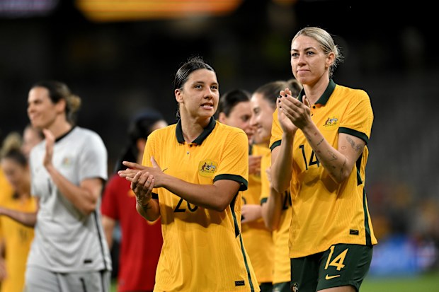 SYDNEY, AUSTRALIA - FEBRUARY 19: Sam Kerr of Australia and Alanna Kennedy of Australia after the Cup of Nations women's football match between the Australian Matildas and Spain at CommBank Stadium on February 19, 2023 in Sydney, Australia. (Photo by Steven Markham/Icon Sportswire)