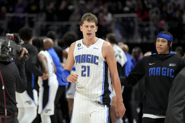DETROIT, MICHIGAN - DECEMBER 28: Moritz Wagner #21 of the Orlando Magic walks off after an altercation with Killian Hayes #7 of the Detroit Pistons during the second quarter at Little Caesars Arena on December 28, 2022 in Detroit, Michigan. NOTE TO USER: User expressly acknowledges and agrees that, by downloading and or using this photograph, User is consenting to the terms and conditions of the Getty Images License Agreement. (Photo by Nic Antaya/Getty Images)