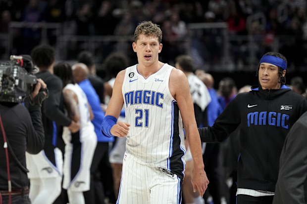 DETROIT, MICHIGAN - DECEMBER 28: Moritz Wagner #21 of the Orlando Magic walks off after an altercation with Killian Hayes #7 of the Detroit Pistons during the second quarter at Little Caesars Arena on December 28, 2022 in Detroit, Michigan. NOTE TO USER: User expressly acknowledges and agrees that, by downloading and or using this photograph, User is consenting to the terms and conditions of the Getty Images License Agreement. (Photo by Nic Antaya/Getty Images)