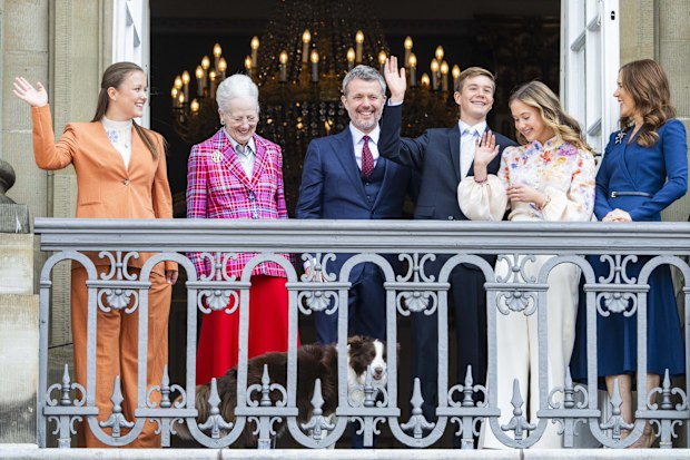 COPENHAGEN, DENMARK - MAY 26: (L-R)  Princess Isabella of Denmark, Queen Margrethe of Denmark, King Frederik X of Denmark, Prince Vincent of Denmark, Princess Josephine of Denmark, Queen Mary of Denmark and one of the Royal dogs appear on the balcony of Frederik VIII's Palace to celebrate the Kings's 57th birthday at Amalienborg Palace on May 26, 2025 in Copenhagen, Denmark.  (Photo by Martin Sylvest Andersen/Getty Images)