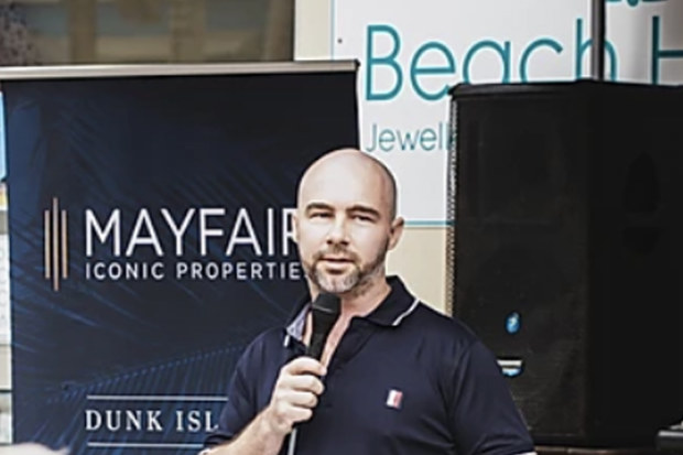 James Mawhinney talks up the Dunk Island tourism project in a Mayfair promotion.