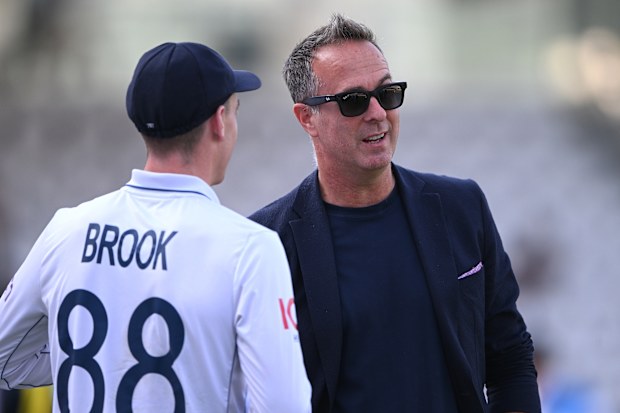 LONDON, ENGLAND - SEPTEMBER 01: England player Harry Brook talks with former captain and media personality Michael Vaughan after day four of the 2nd Test match between England and Sri Lanka  at Lord's Cricket Ground on September 1st at Lord's Cricket Ground on September 1st, 2024 in London, England  (Photo by Stu Forster/Getty Images)