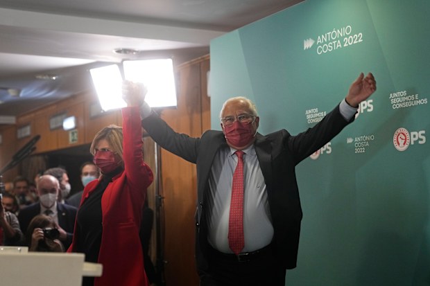 Portuguese Prime Minister and Socialist Party Secretary General Antonio Costa celebrates with his wife Fernanda Tadeu following election results. Lisbon, Monday, Jan. 31, 2022. 