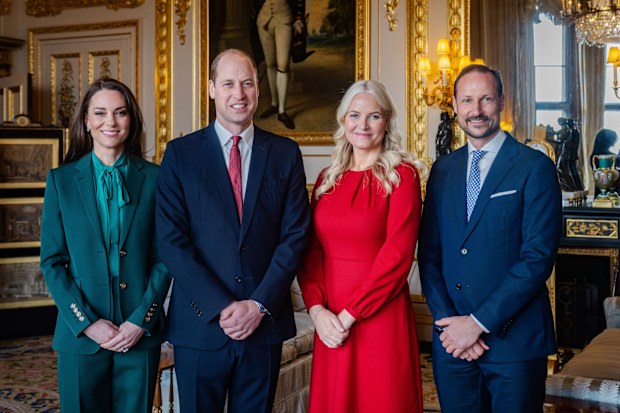 Crown Prince Haakon of Norway (R) and Crown Princess Mette-Marit of Norway (2ndR) visit Catherine, Princess of Wales and Prince William, Prince of Wales at Windsor Castle on March 2, 2023 in Windsor, England. 