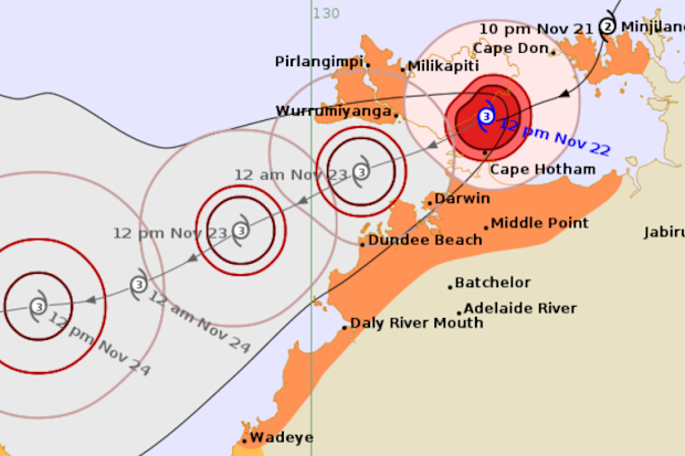 Tropical Cyclone Fina has intensified to a category 3 storm as it approaches Darwin today, with residents told it is too late to leave and take shelter now.
