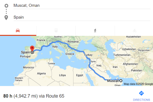 Google Maps Muscat to Spain
