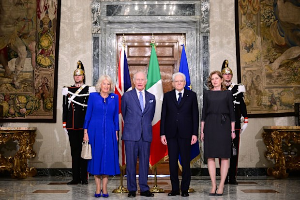 (L-R) Queen Camilla, King Charles III, Italian President Sergio Mattarella, President's daughter, Laura Mattarella