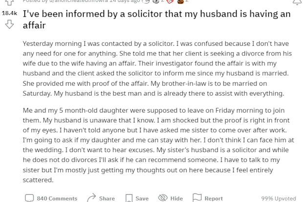 woman discovers husband is cheating through solicitor