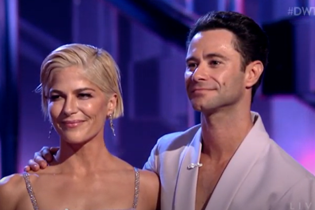 Selma Blair and coach Sasha Farber after their performance on Dancing with the Stars.