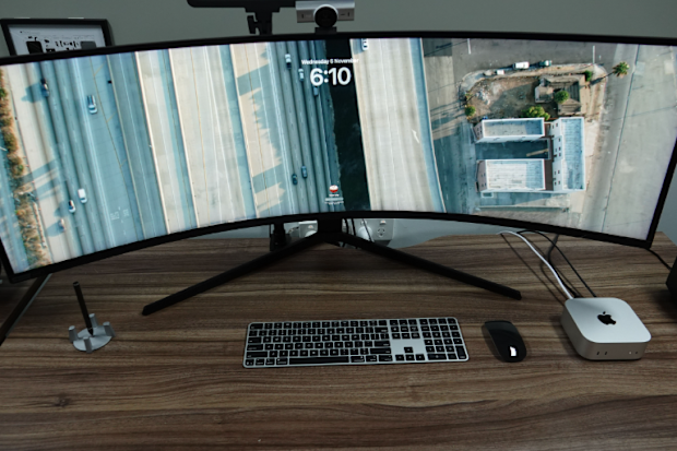 How the Mac mini looks with the traditional monitor, keyboard, desktop set-up.
