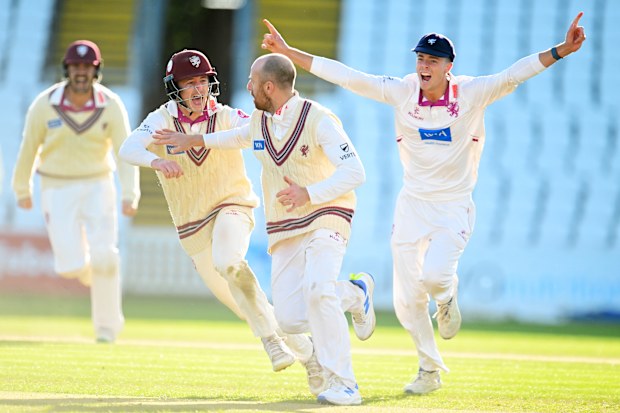 Jack Leach of Somerset celebrates the wicket of Dan Worrall of Surrey with team mate Tom Abell to win the match during Day Four of the Vitality County Championship Division One match between Somerset and Surrey at The Cooper Associates County Ground on September 12, 2024 in Taunton, England. (Photo by Harry Trump/Getty Images)