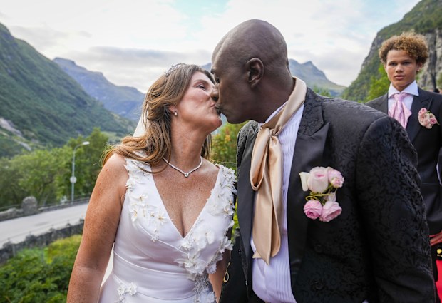 Norway's Princess Martha Louise and Durek Verrett arrive for their wedding party, in Geiranger, Norway, Saturday Aug. 31, 2024. (Heiko Junge/NTB via AP)