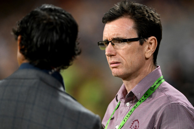 Broncos Manager of Football Ben Ikin is seen chatting with Johnathan Thurston during the round seven NRL match between the Brisbane Broncos and the Canterbury Bulldogs at Suncorp Stadium, on April 22, 2022, in Brisbane, Australia. (Photo by Bradley Kanaris/Getty Images)