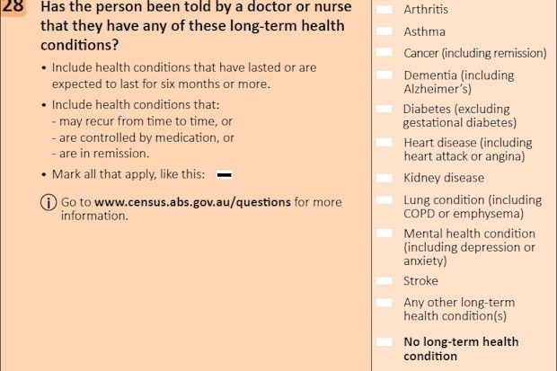 An image of Question 28 - one of the new questions on the Census - which asks Australians about long-term health conditions.