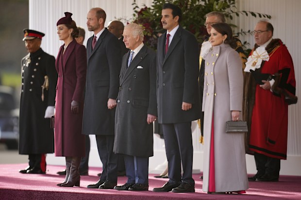 Kate, Princess of Wales, Prince William and King Charles III, from left, welcome the Emir of the State of Qatar Sheikh Tamim bin Hamad Al Thani, second right, and Sheikha Jawaher bint Hamad bin Suhaim Al Thani
