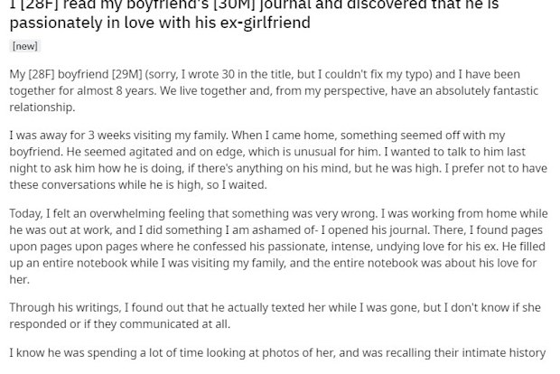 She has confessed on Reddit, asking for relationship advice.
