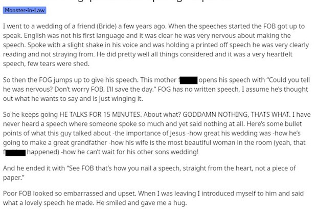 The trouble began when the father of the groom had his turn on the mic.